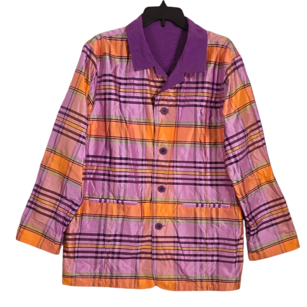 Vintage Reversible Jacket Purple and Orange Plaid Button Down Large Extra Large